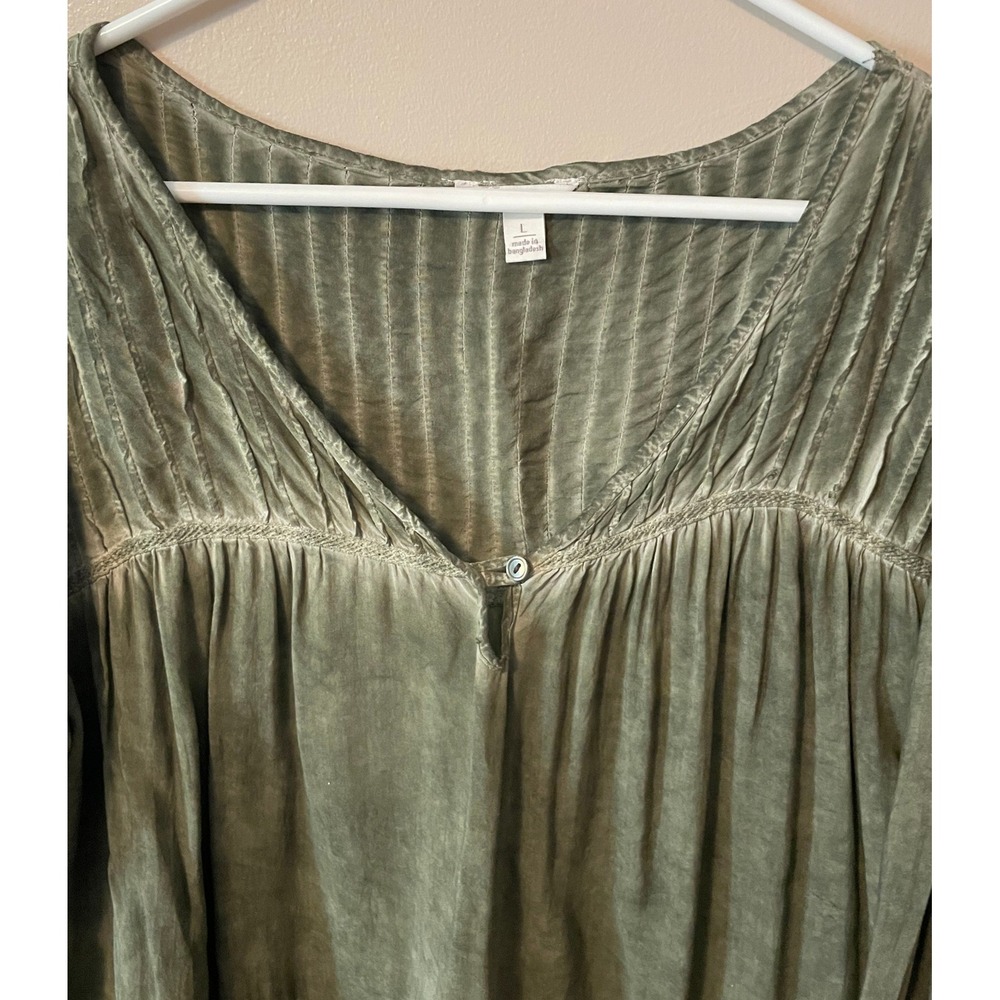 Cato Olive Green Boho Pintuck Lace Bell Sleeve Blouse Lg Peasant Cottagecore - Picture 2 of 12